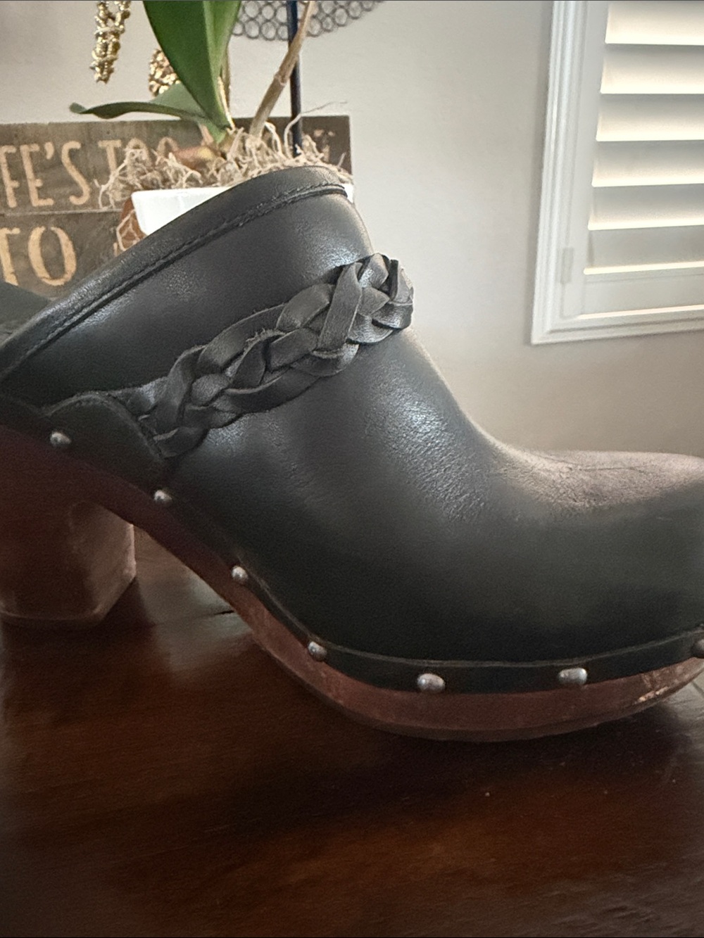 UGG Kaylee Black Leather Braided-Trim Clogs - Picture 5 of 15